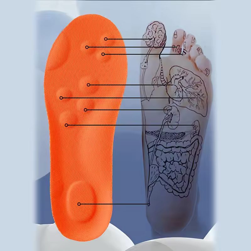 FLOATR insole with numbered anatomy callouts overlaying a reflexology foot diagram